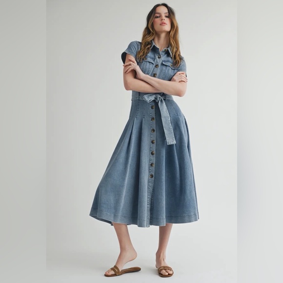 A293. Denim Button-Down Shirt Dress with Belted Waist - Picture 2 of 12